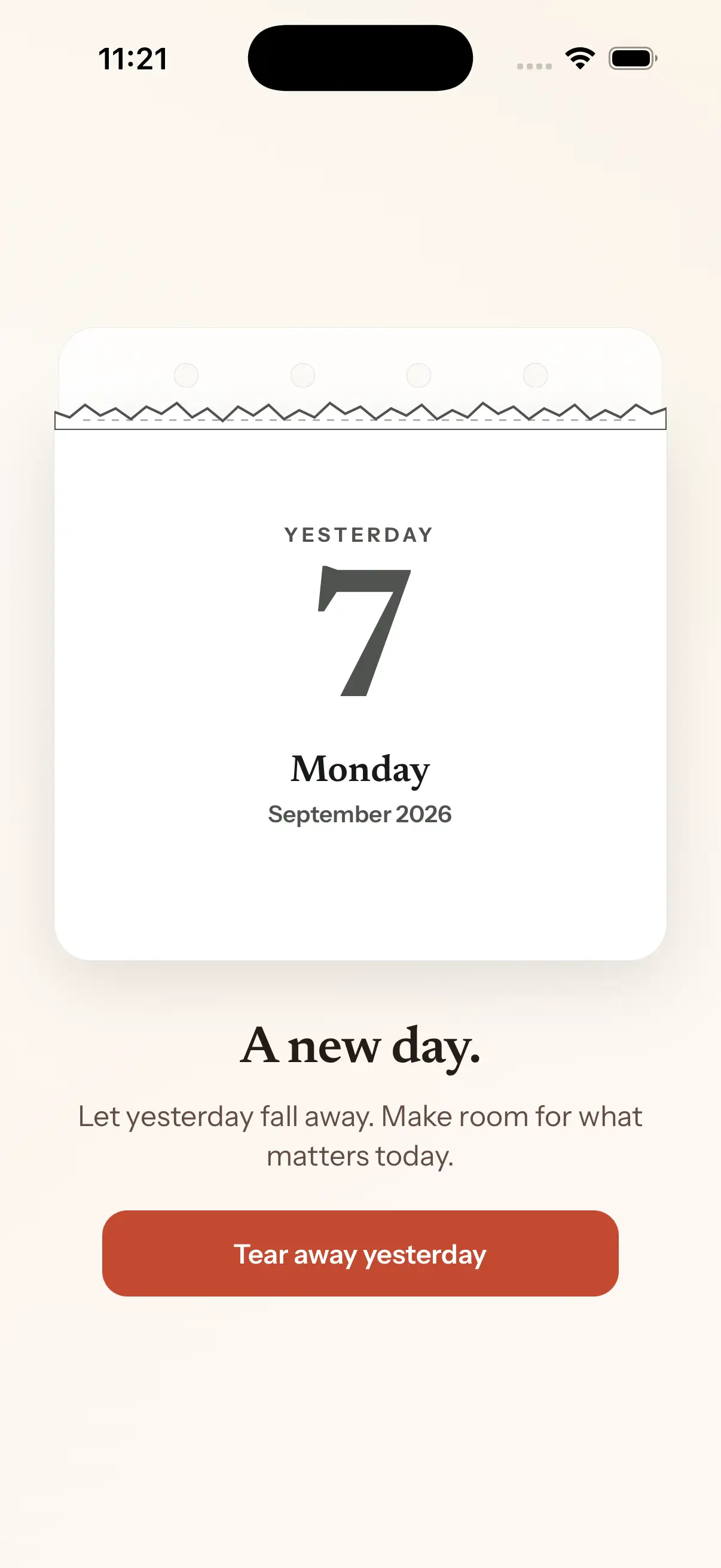 Calendar: a tear-off page marks Monday, September 7 as yesterday, with an “A new day” message and a “Tear away yesterday” action.