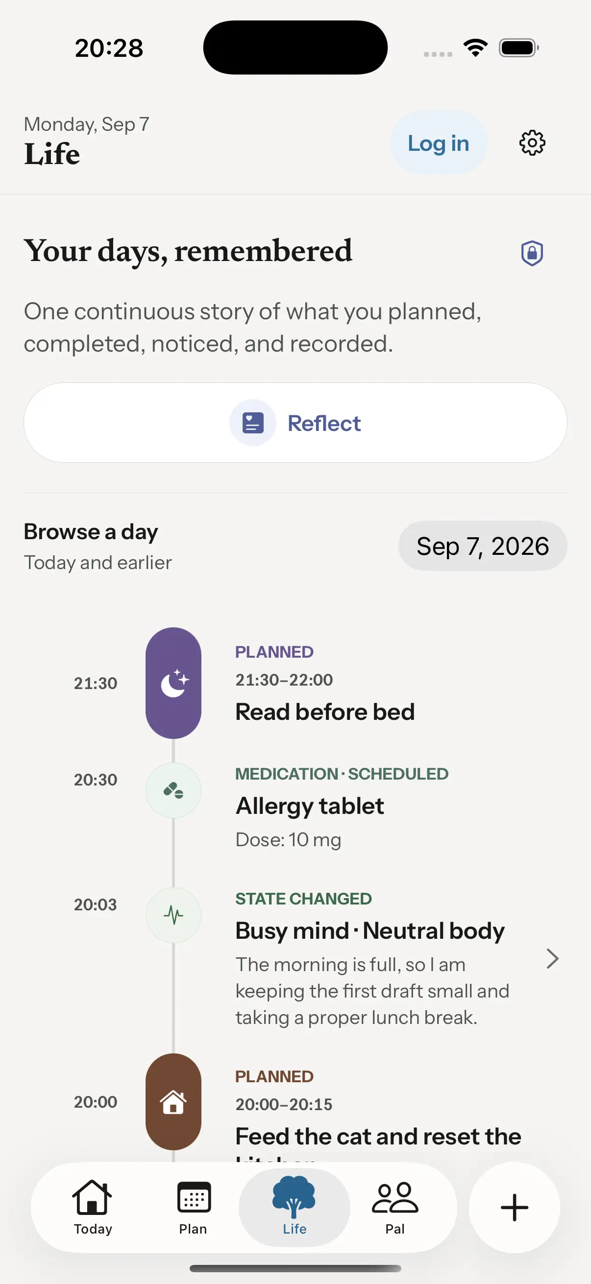 Life: an evening timeline with reading, a sample medication reminder, a self-reported check-in, and home care.