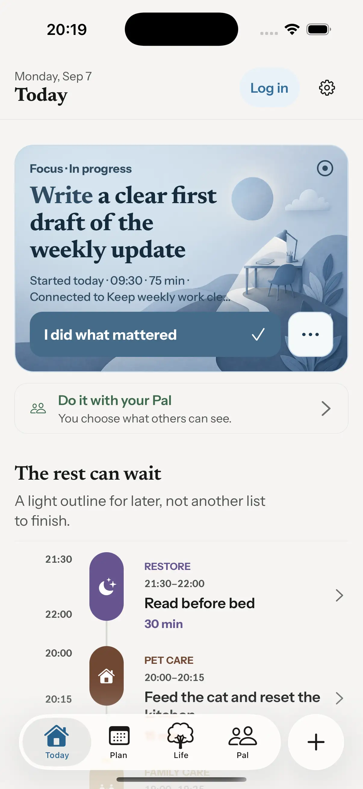 Today: a first draft of the weekly update in progress, with reading and home care later in the day.